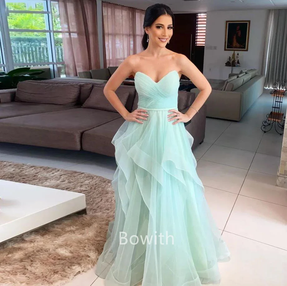 

Bowith Women Long Dresses A-Line Strapless Evening Party Dress Pleats Formal Tulle Prom Gowns Dress for Wedding or Birthday