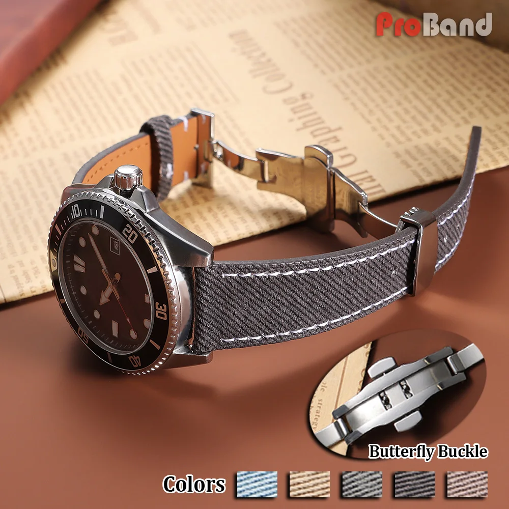 Bracelet de montre en toile denim et cuir, 18mm, 20mm, 22mm, pour Seiko, pour Rolex, boucle papillon, pour hommes et femmes, ceintures de sport