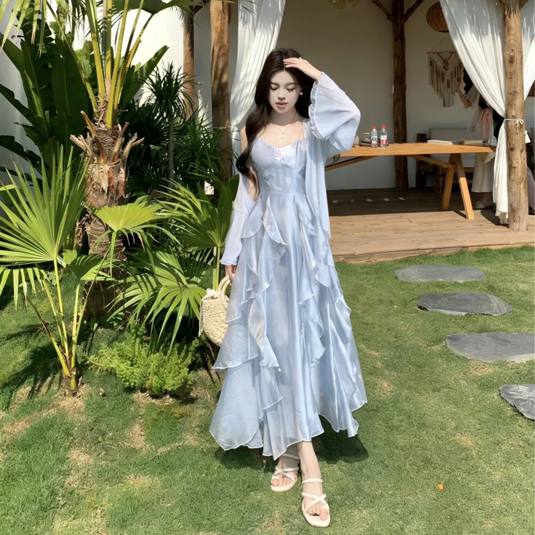 

Summer New Plus Size Women's Pure Desire Asymmetrical Hem Sleeveless Dress and Cardigan Korean Fashion Elegant Fairy Long Dress