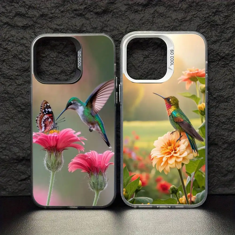 

Colorful Bird Hummingbird Phone Case For iPhone17,16,15,14,13,12,11 Pro Max Blcak Colorful Silver Plated Inside Cover