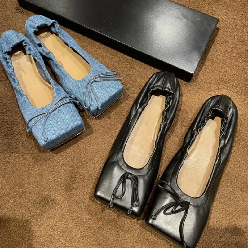 

Square Toe Bowties Square Toe Ballet Shoes Pleated Slip on Mary Jane Shoes Leisure Comfort Dress Shallow Mule Loafer Women Shoes