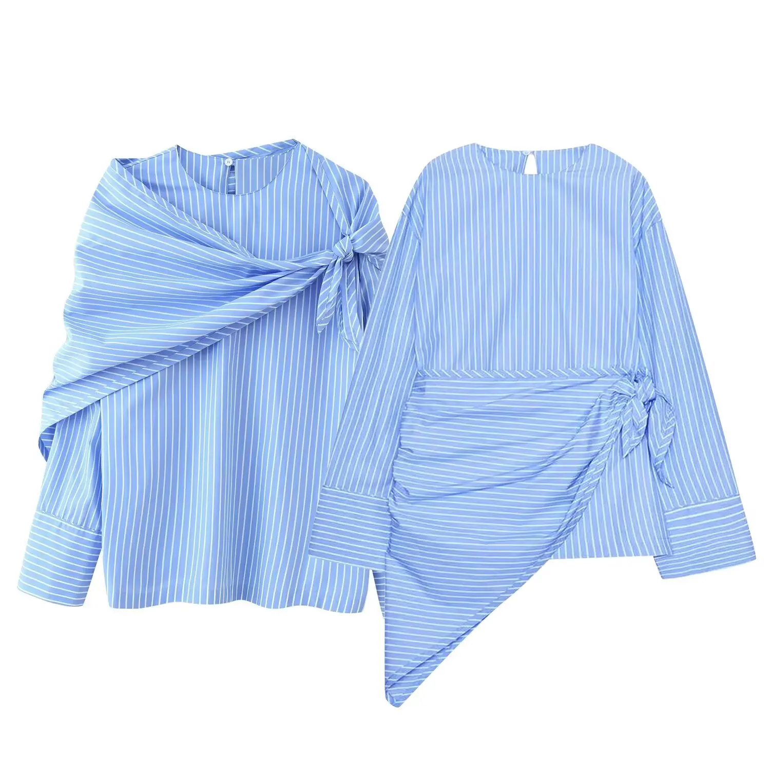 

2025 Spring/Fall Fashion Women's Casual Blue Striped Shirt Scarf Collar Reversible Shirt Versatile Commuter Women's Shirt