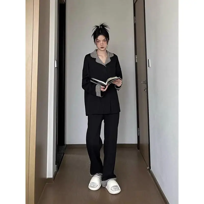 

Women's Pajama Set Fashion Homewear Cotton Long Sleeve Set Home Outdoor Wear Korean Plain Color Houndstooth For Women Cute