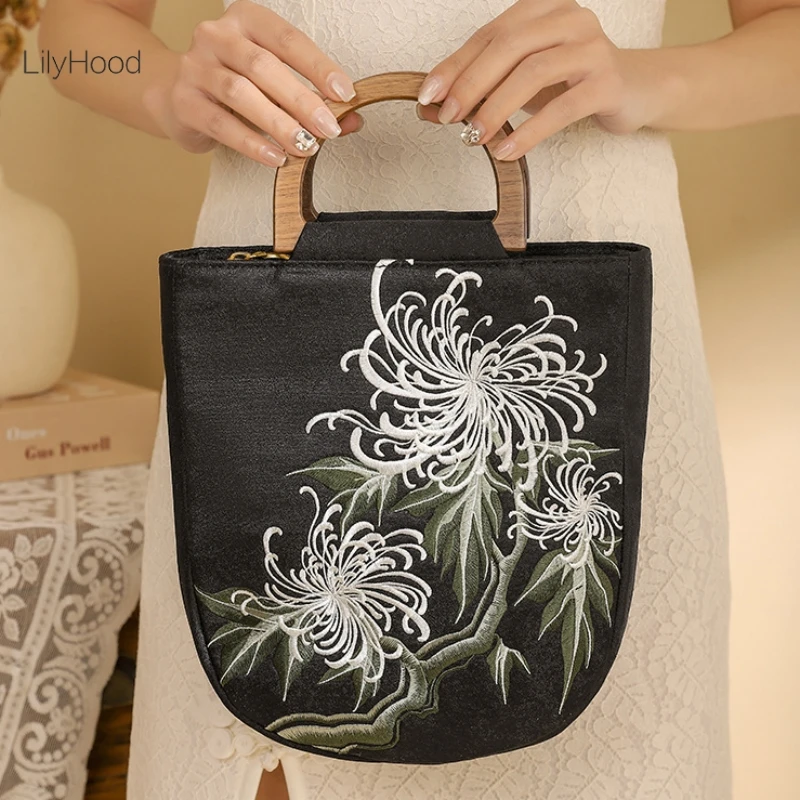 Women Floral Embroidery Fabric Wooden Handle Top-handle Tote Bag Vintage Retro Chic Chinese Style Evening Medium Size Handbag