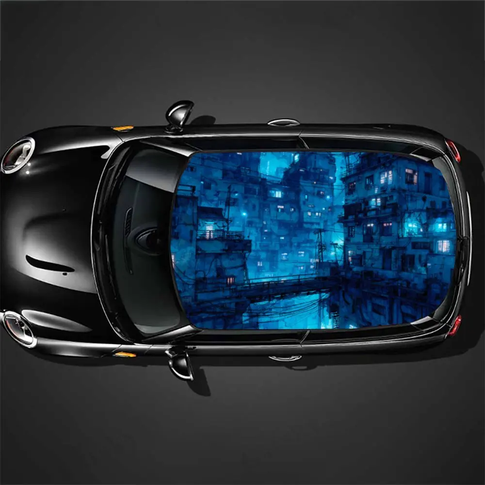 ملصق سقف السيارة الأزرق المستقبلي Cyberpunk Tech Space PVC عصا مقاومة للماء ذاتية اللون، ديكور ملحقات السيارات الخارجية المذهلة #5