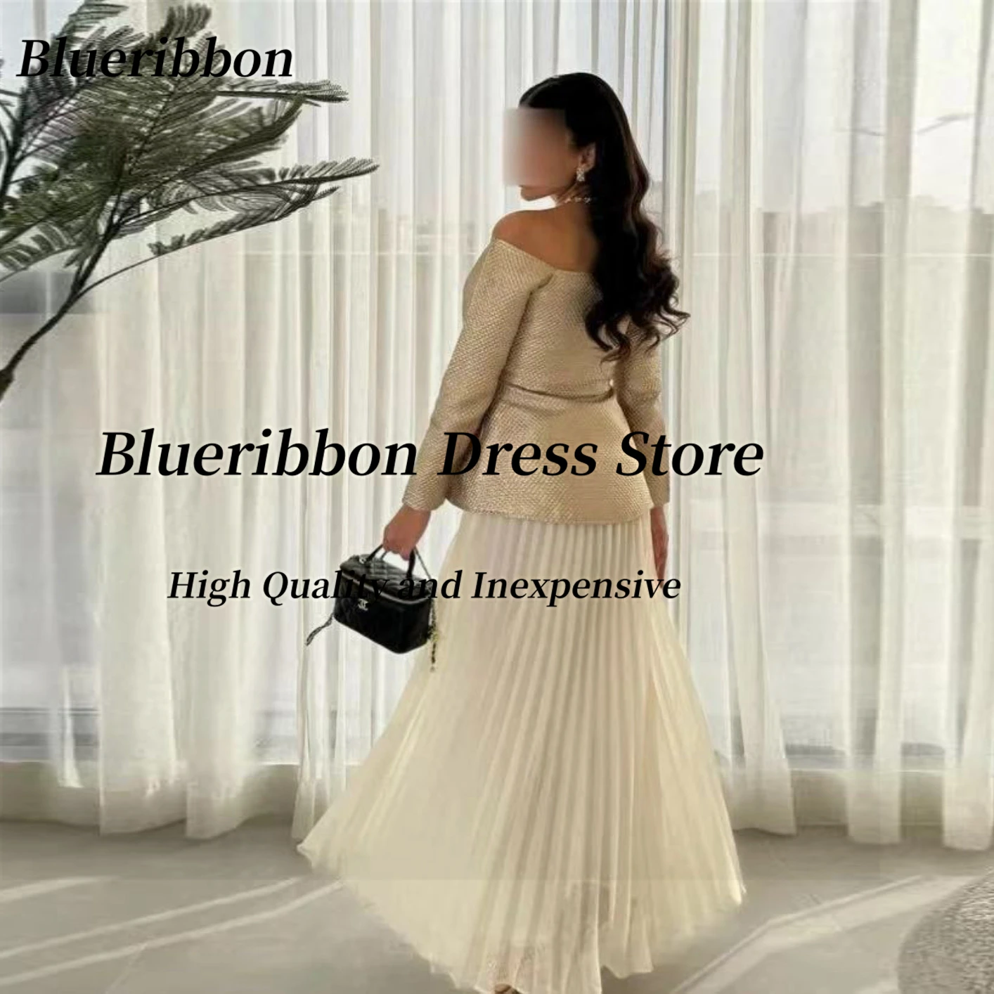 Blueribbon Customized Evening Dresses Bateau Neck Long Sleeves Prom Party Dress Pleats A Line Wedding Guest Special Banquet Wear