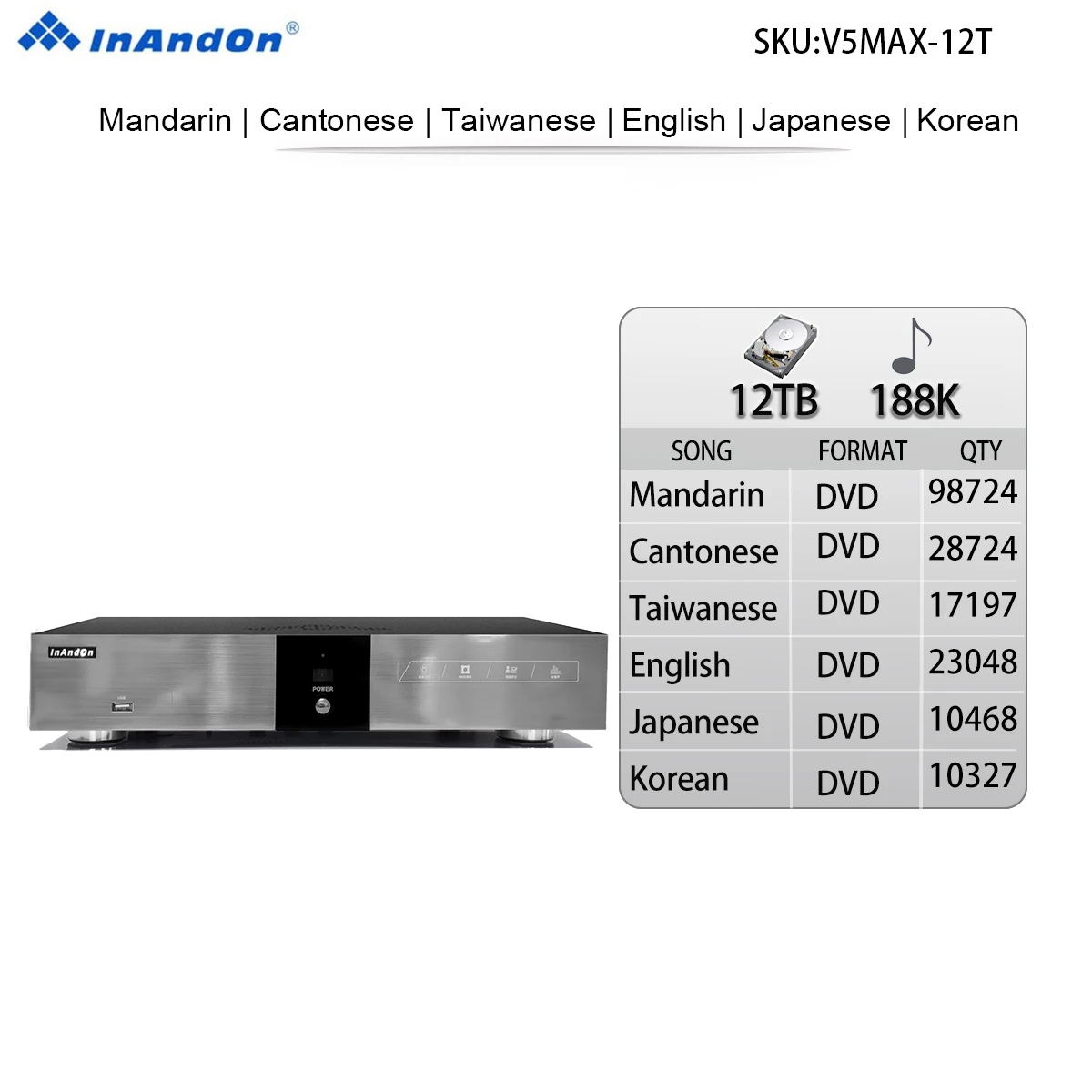 

InAndOn V5MAX 12 ТБ 188 К Одиночный хост Kugou Музыкальная библиотека Домашний КТВ Сплит-тип Музыкальный автомат Приставка