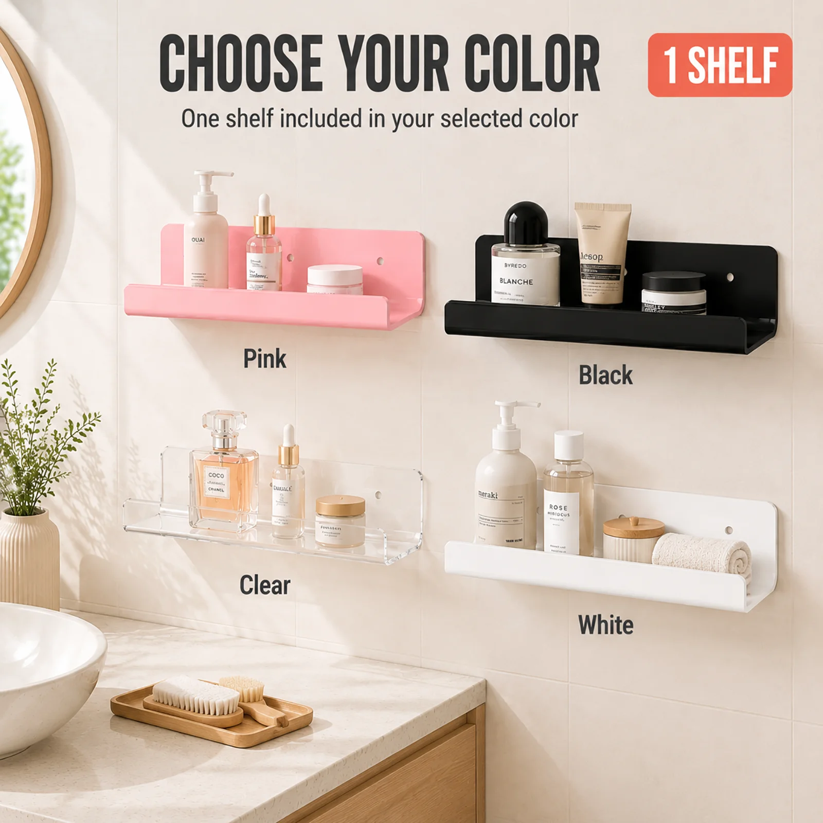 Pink Acrylic Floating Wall Shelf Single Display Ledge with Front Lip, No Drill or Screw Mount for Perfume Photos and Small Decor