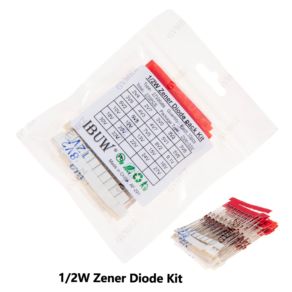 270PCS 27Values 1/2W Zener Diode Kit 2V4-33V for Voltage Regulation Electronic Projects 3V3 27V 22V 13V 15V 16V 3V6 9.1V 8V2