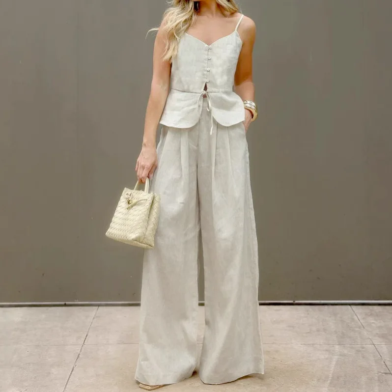 

Cotton Wide Leg Pants Sets Women V Neck Single Breasted Lace-up Tank Tops Summer Casual Fashion Trouser 2 Piece Set