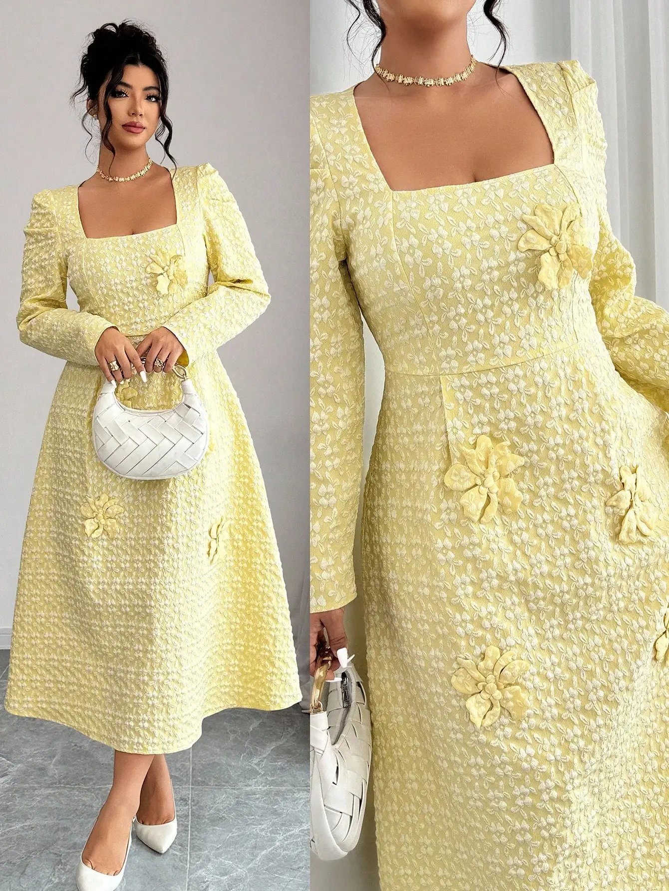

Yellow Textured A-Line Dress with Square Neck and 3D Floral Appliqués