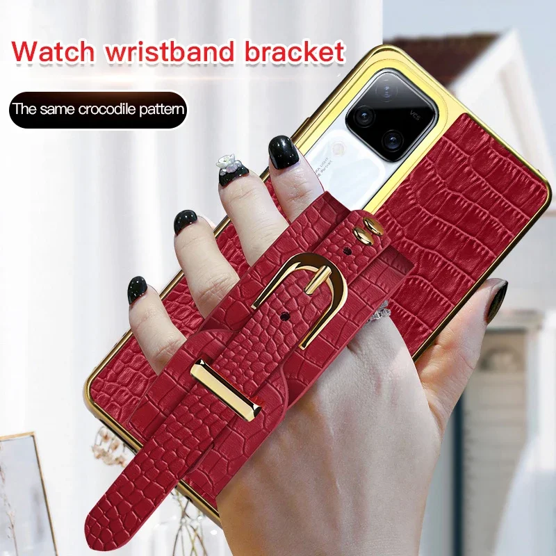 

Crocodile PU Leather Wrist Strap Phone Case For vivo V27e V40 SE V29 Lite V30 Pro 5G Holder Stand Wristband Cover Silicone Cases