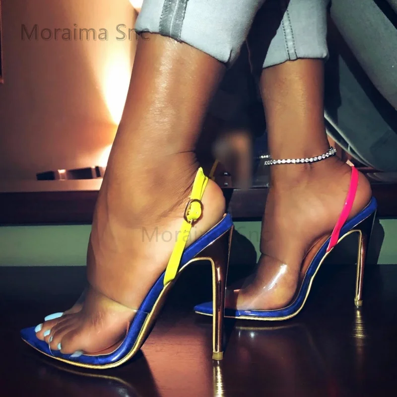 

Patchwork Pointed Toe Pvc Sandals Women High Heels Summer Buckle Strap Transparent Elegant Sexy Party Dress Office Shoes