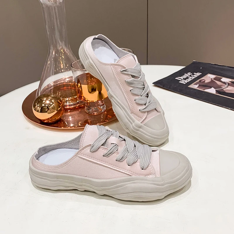 Spring Summer Breathable Sneakers Women Satin Casual Shoes Female Platform Lace Up Sports Shoes Ladies Dissolving Mules Flats