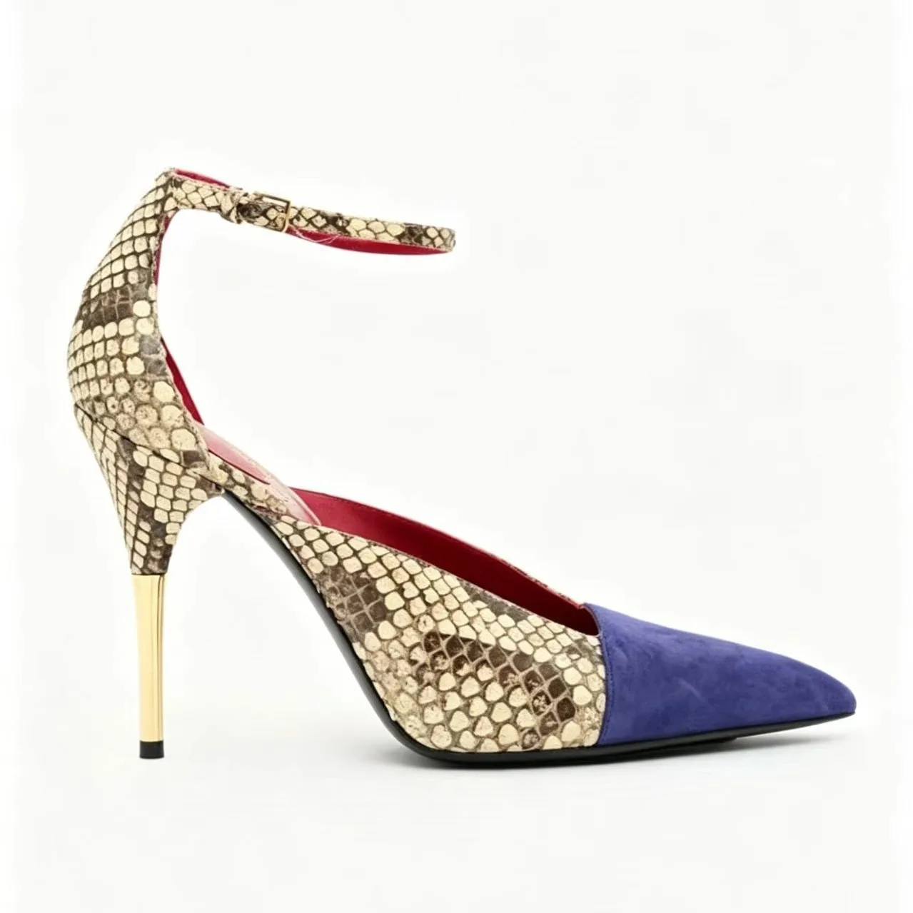 Summer New Women's Snake Print Blue Suede Patch Ankle Strap Pumps Pointed Toe Gold Stiletto Buckle Party Sexy High Heels