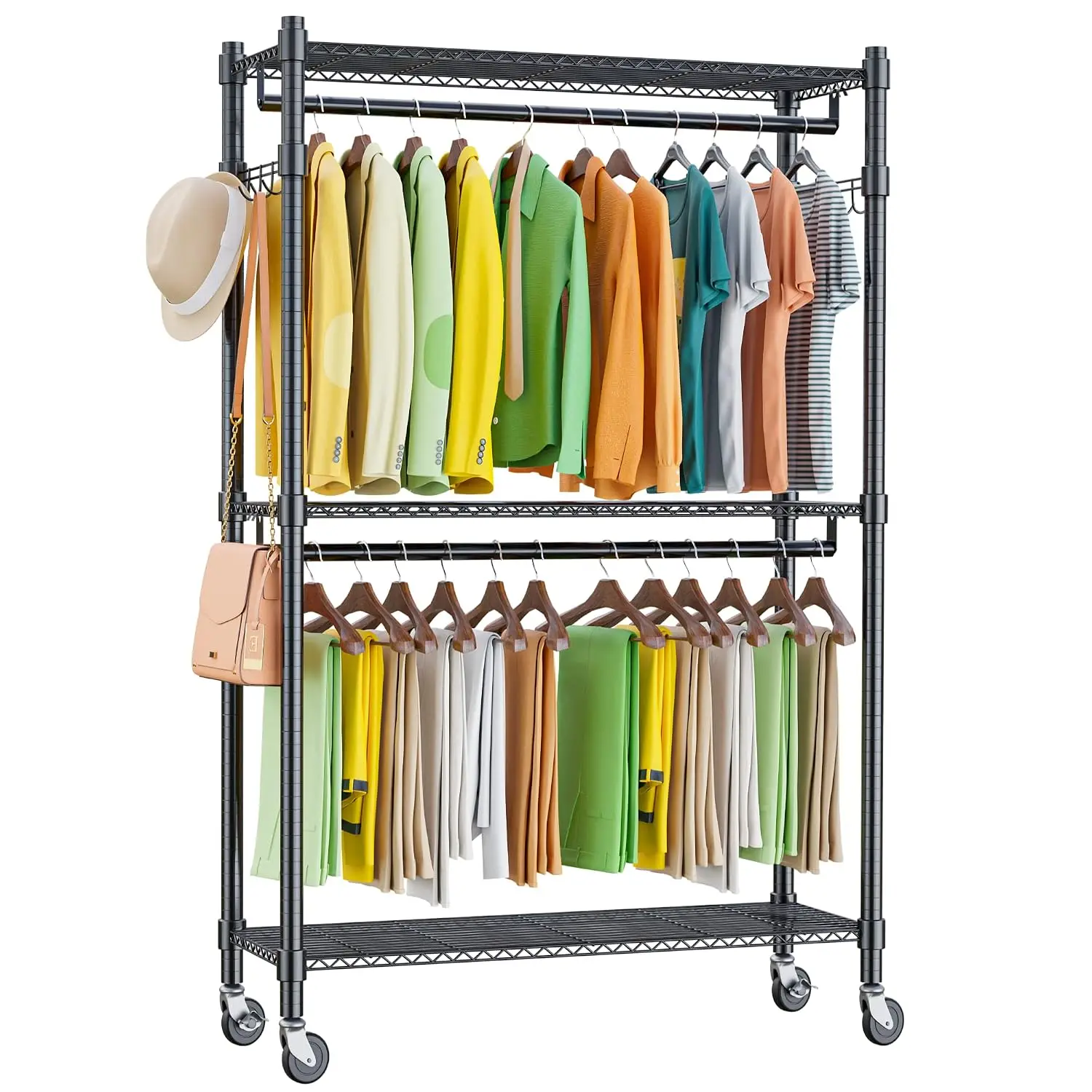 Double Rod Closet Wire Shelving Clothing Rolling Rack Heavy Duty Garment Rack With Wheels Side Hooks, Customized