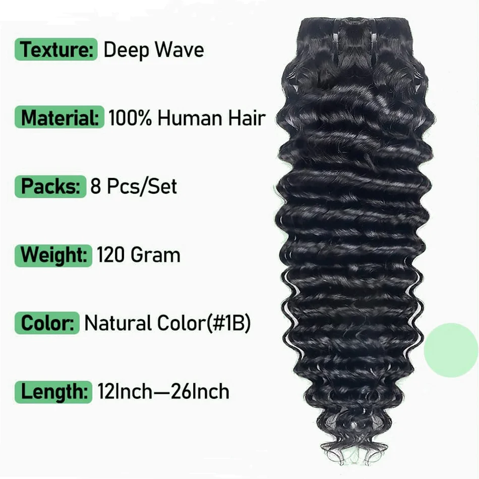 Grampo em extensões do cabelo humano para mulheres, onda profunda, extensões encaracolados, 8 PCes, 120g pelo grupo, 10-26 dentro