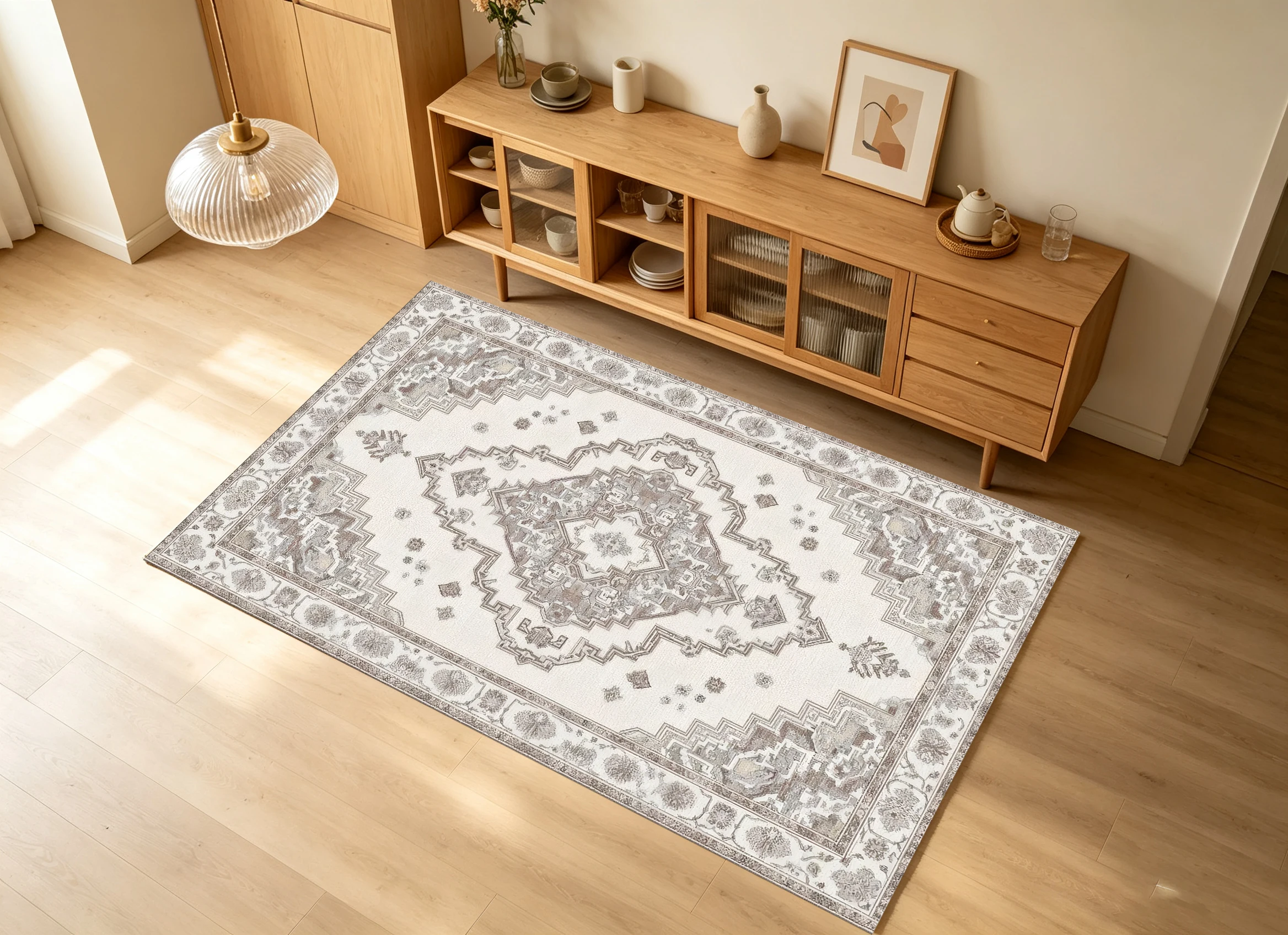 2D Large Rug in Light Beige-Grey, European Retro Style with Symmetrical Patterns, Soft and Skin-Friendly, Suitable for
