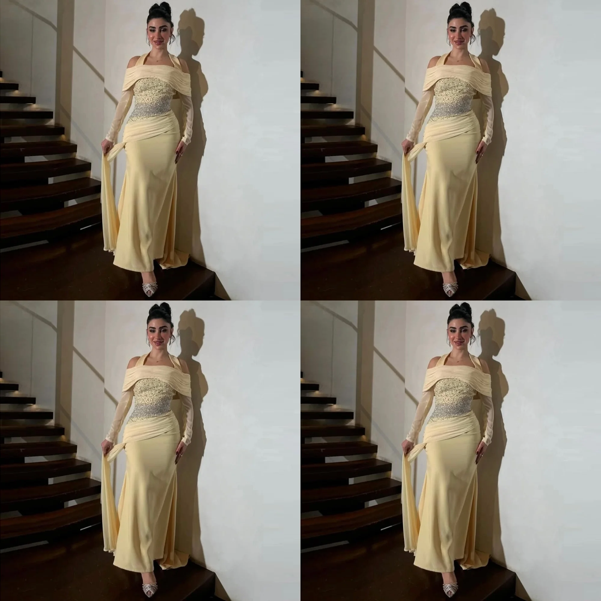 

Dramatic Halter Satin Pleated Beading Straight Saudi Arab Dress Backless Long Sleeve Evening Gown with Train Customized