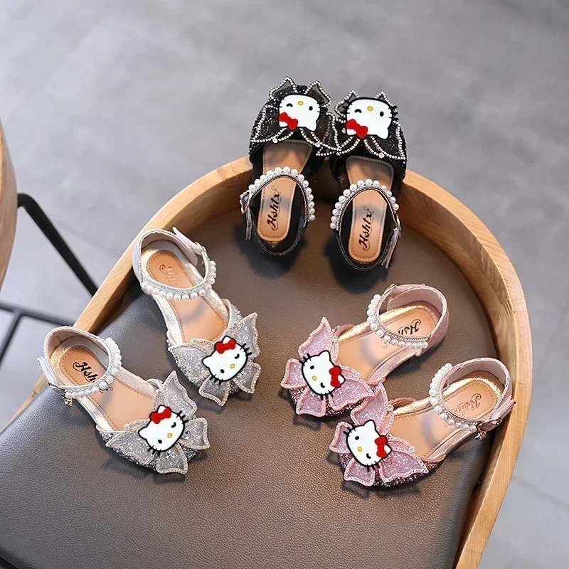 Sanrio hello kitty, детские сандалии с бантом и стразами, обувь для выступлений, новая летняя обувь для девочек на мягкой подошве, обувь принцессы для девочек, студенческая обувь