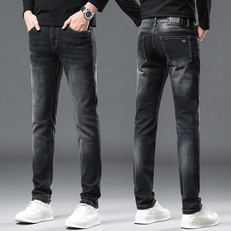 High-end men\'s jeans business straight elastic black and gray wash casual jeans men\'s jeans