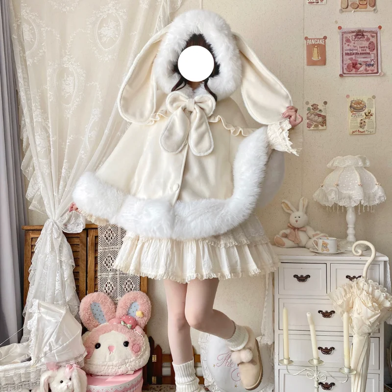 Original Japanese Soft Girls Kawaii Hooded Cloak Autumn Winter New Woman's Cute Bow Plush Thickened Lolita Short Jacket Capes