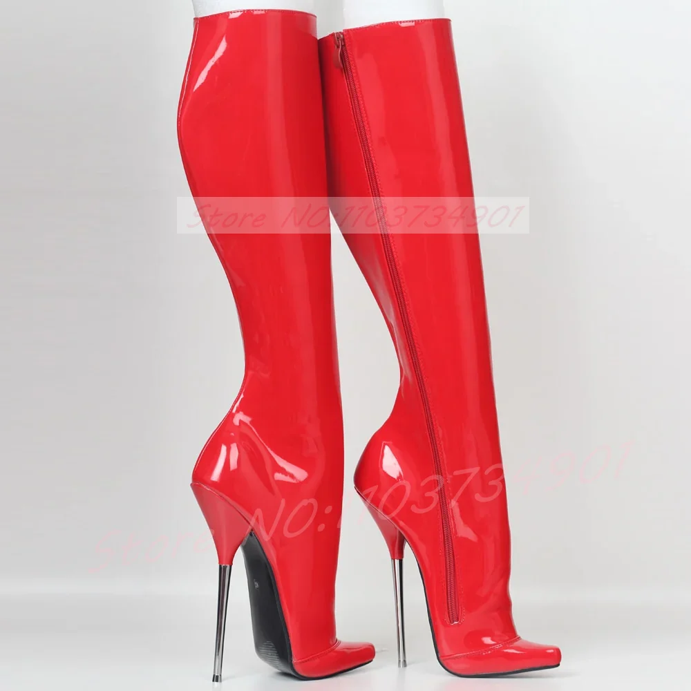 Extra High Metal Heels Red Knee High Boots Women Patent Leather Pointed Toe Stiletto Boot Female Sexy Nightclub Pole Dance Boots