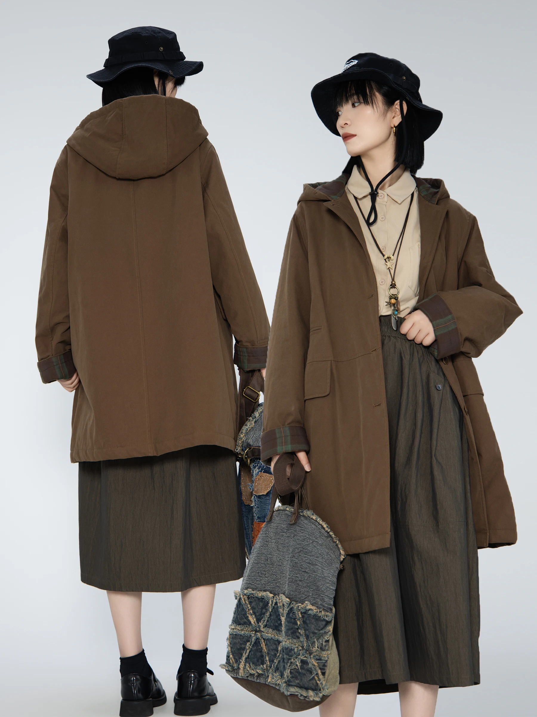 

Bookru Design Retro Hooded Mid-Length Cotton Jaet Women's Loose Slimming Versatile Long Sve Button-Up Pure Color Coat