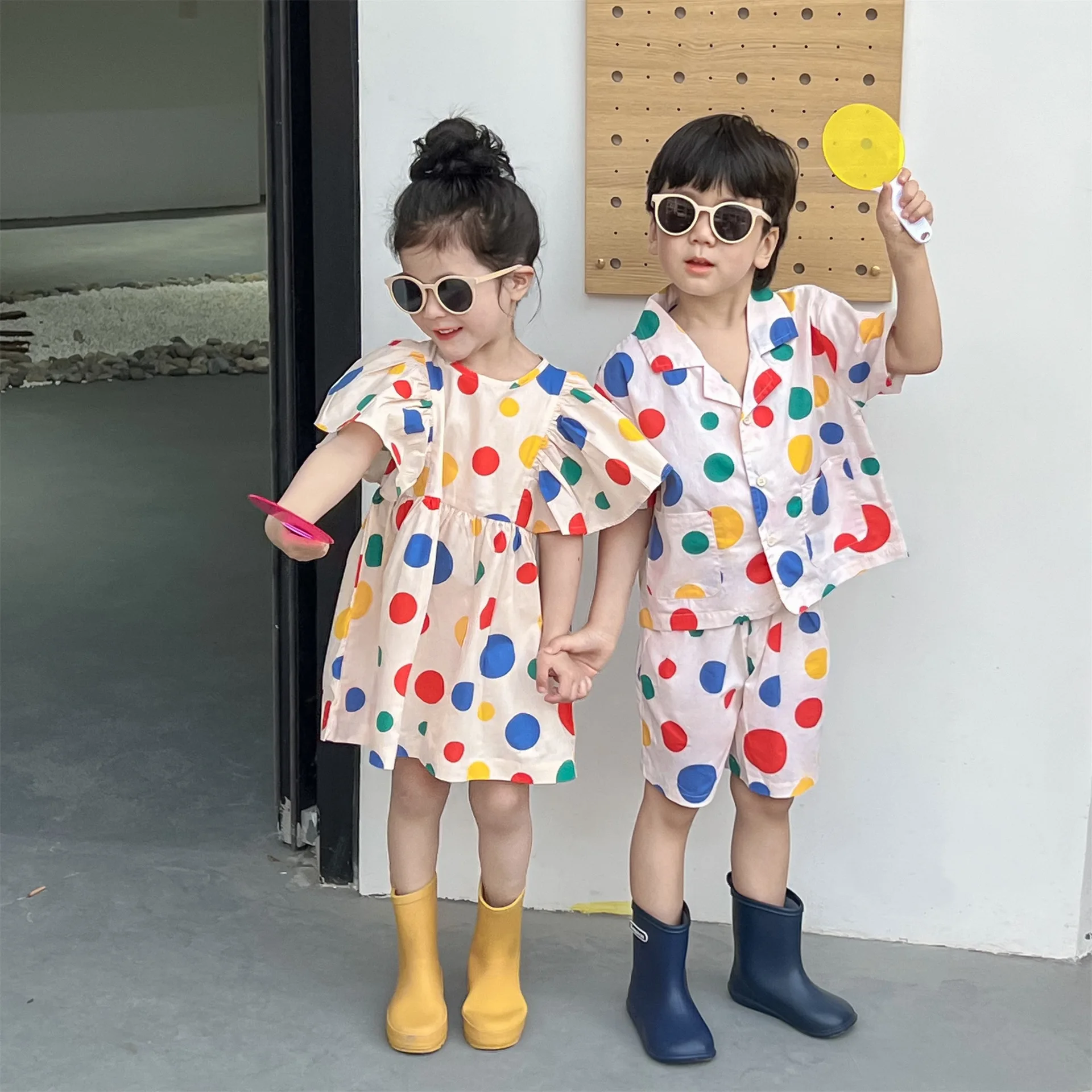 

Brother and Sister Matching Color Polka Dot Clothes Cute Baby Girls Puff Sleeve Dress Child Boys Shirts + Shorts 2 Piece Outfits