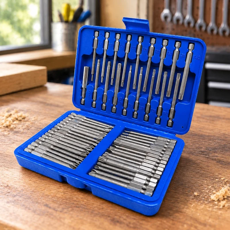 Complete 50-Piece Screwdriver Set Featuring 75mm Safety Tips with Torx and Hexagonal Bits, Organized for Easy Use
