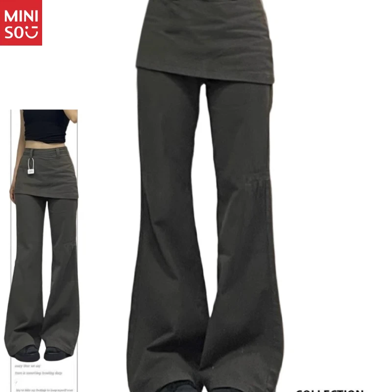 Miniso Plus Size Fake Two-piece Jeans, 2025 American Retro Flare Pants, Layered Cargo Wide Leg