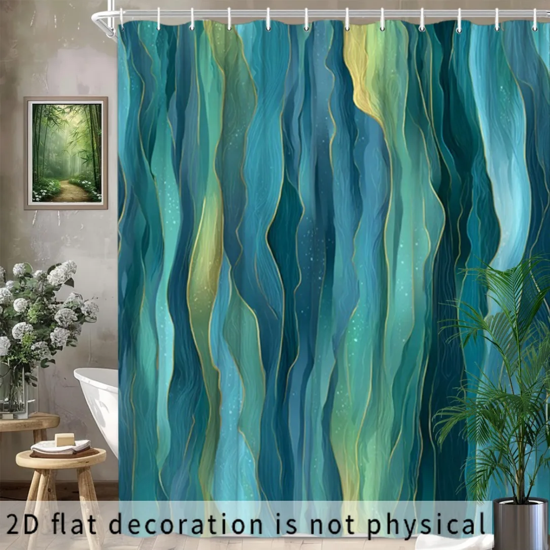 2D Flat, 2D Flat, 2D Flat Shower Curtain 1pc, Abstract Wave Design - Blue Green Golden Fluid Pattern, Polyester Fabric, Elegant