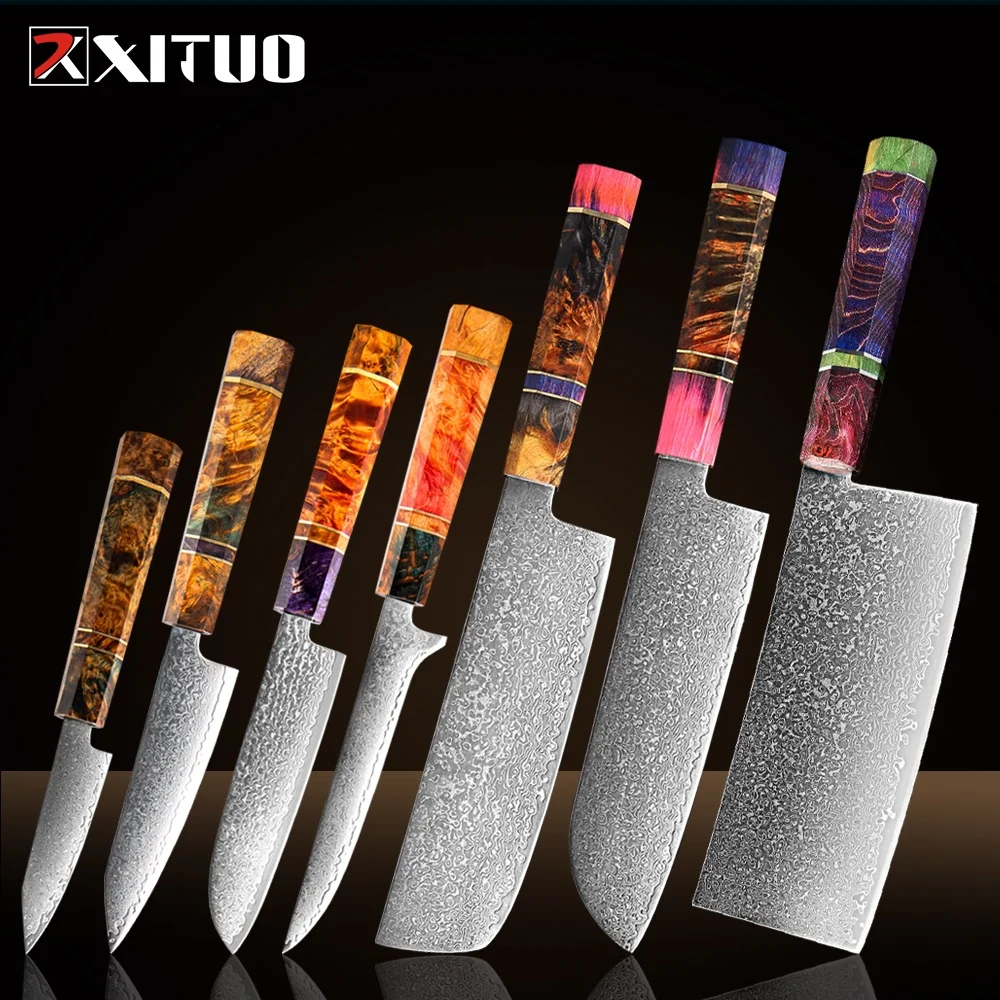XITUO Damascus Steel Kitchen Knives Set 1-7PCS,Santoku,Cleaver,Paring,Bread ,Boning, Cooking Knives Octagonal Stable Wood Handle