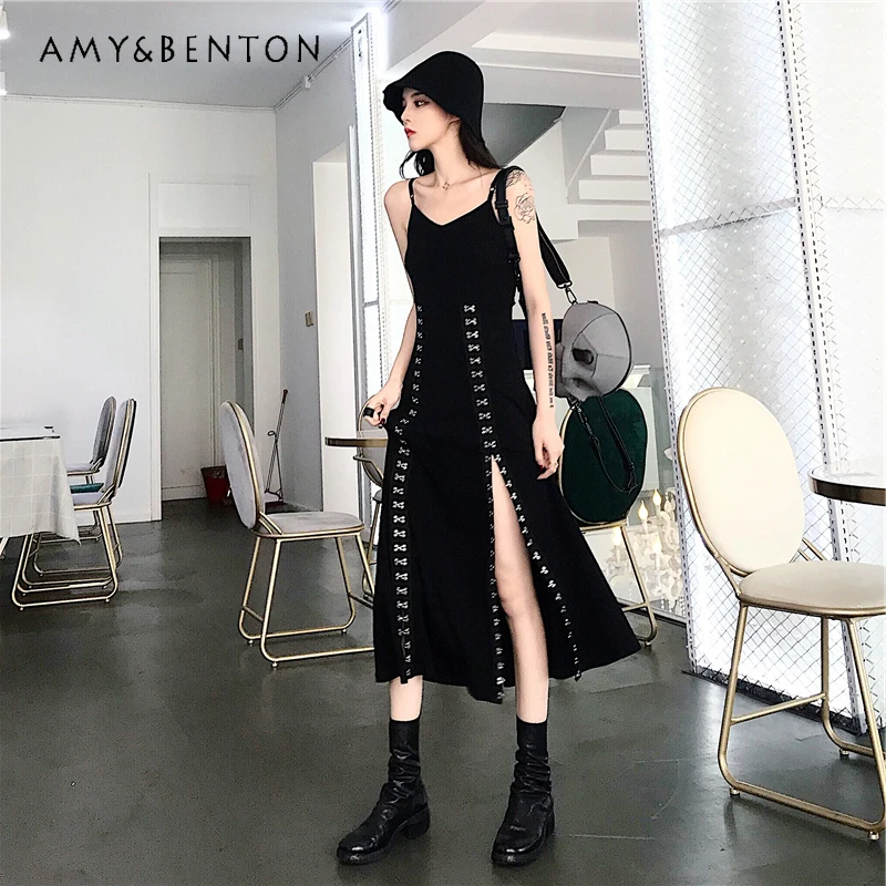

Original Design Halloween Dark Punk Pure Cotton Women's Sling Dress Autumn New Off-Shoulder Slimming Slit Long Dresses Ladies