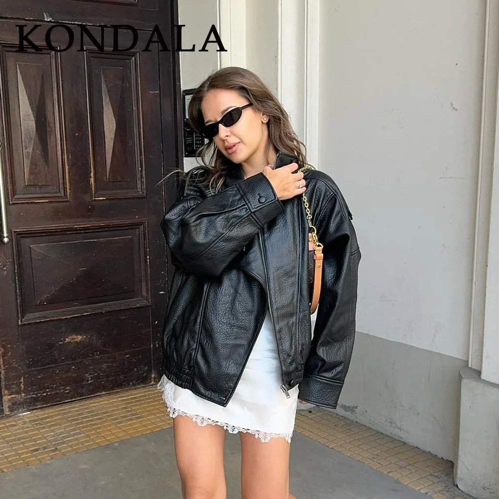 KONDALA 2025 automne hiver Faux cuir femmes Vintage manteaux mode Streetwear fermeture éclair col rabattu noël dames cuirs