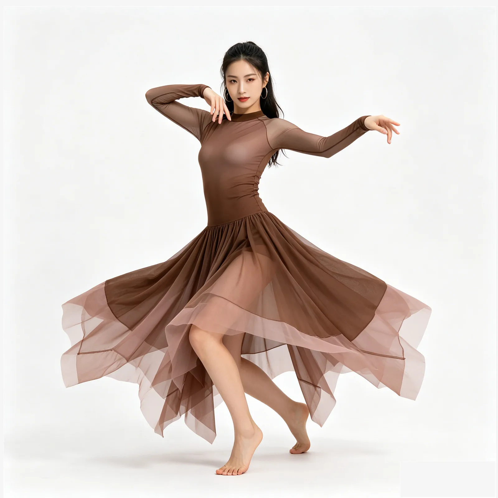Women Gymnastics Leotards Figure Skating Ballet Lyrical Dance Costume Gradient Dress Mesh Long Sleeve Back Keyhole Leotard Dress