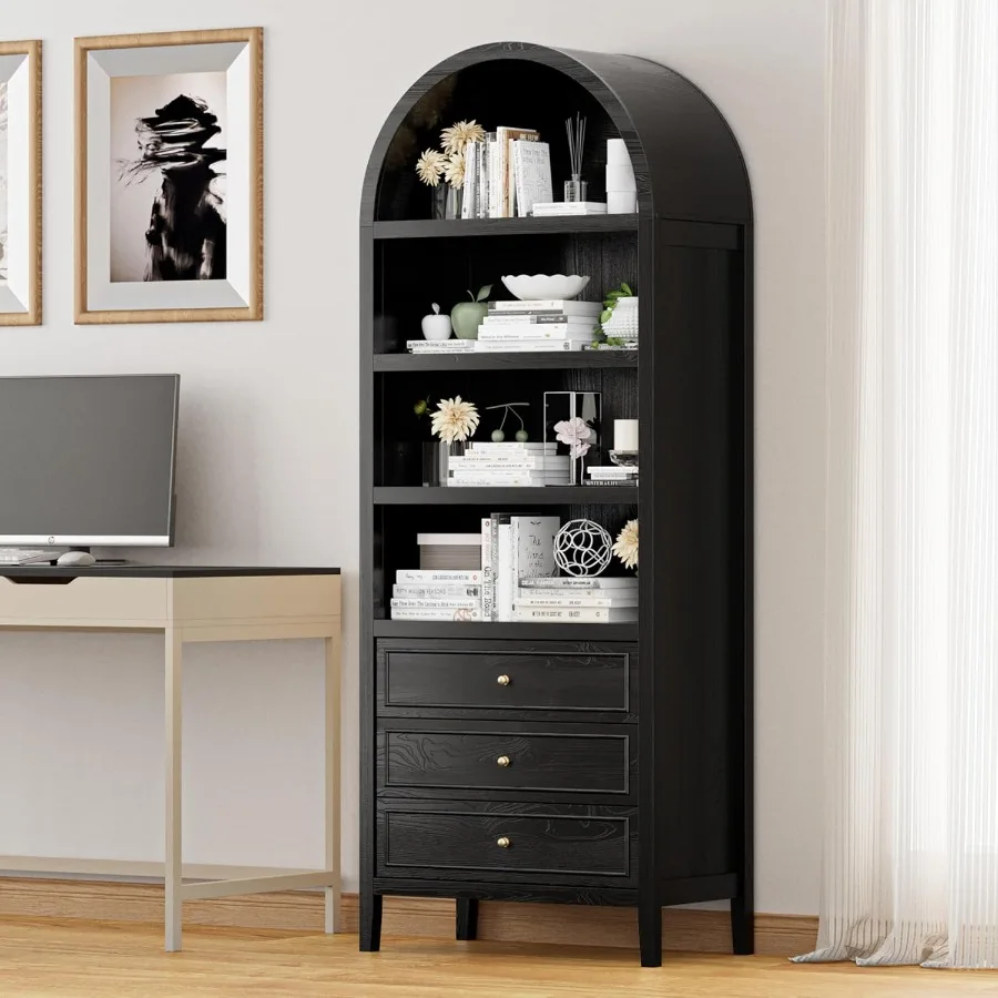 Arched Storage Cabinet Arched Bookcase Modern Farmhouse Kitchen Pantry Cabinet with 3 Large Drawers Adjustable Shelves ltiFunct