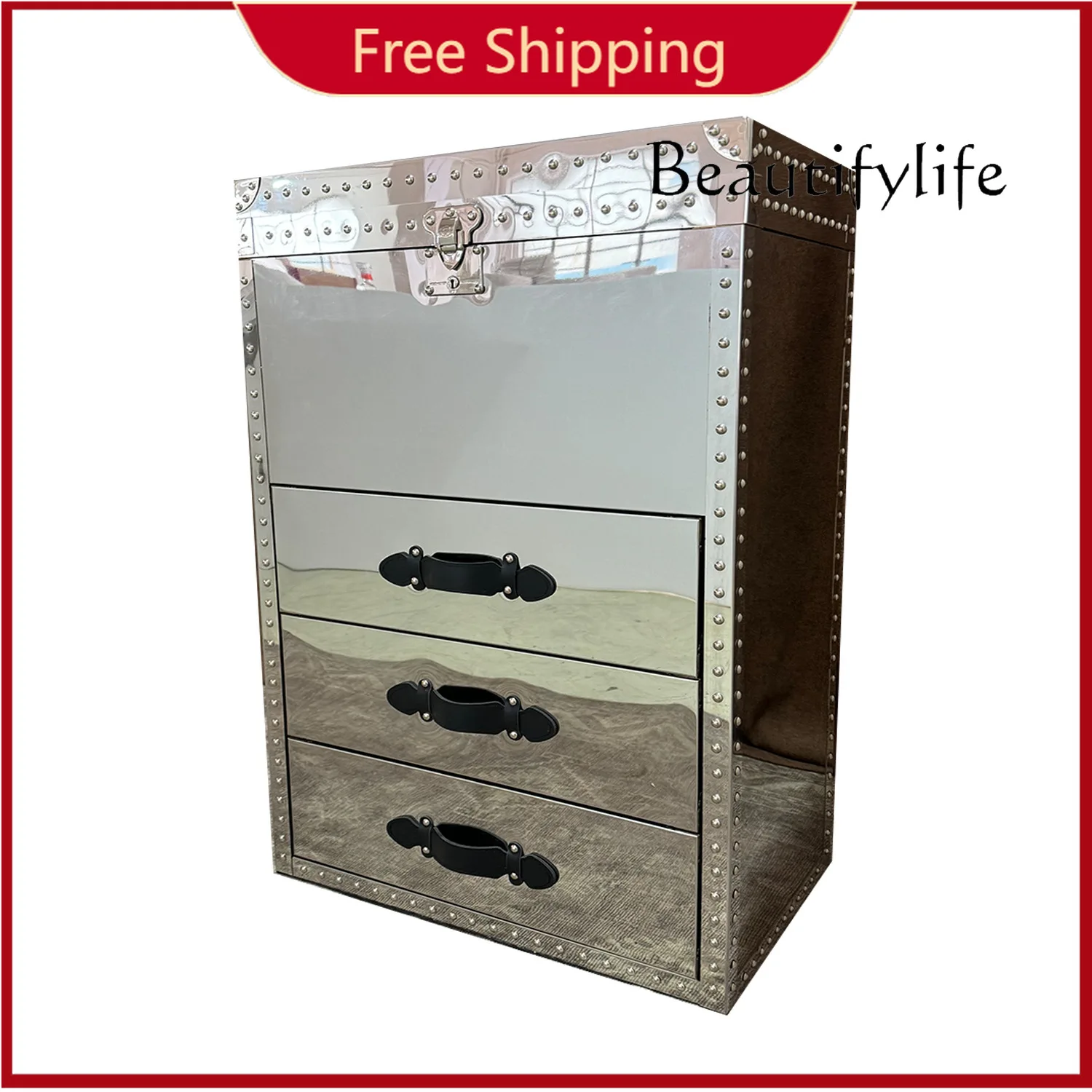 R Light Luxury Bright Stainless Steel Mirror Locker Three Pumping Side Cabinet Against The Wall To Store Fashion Creativity