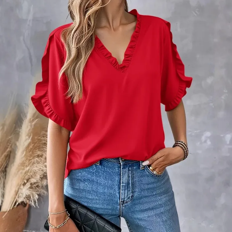 

Ruffles Packetwork Shirt And Blouse Women Summer V-neck Short Sleeve Shirts For Women 2025 Casual Loose Solid Shirts Tops Femme