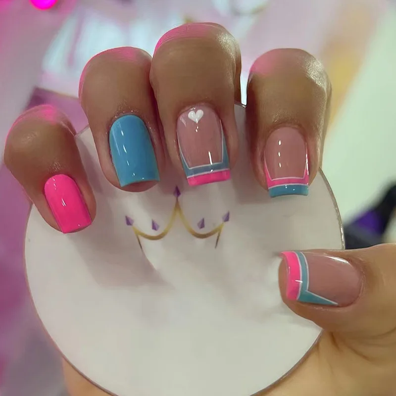 

24pcs French Press-On Nails - Hot Pink & Cobalt Blue Color Block Medium Ballet Shape Bold Euro Style