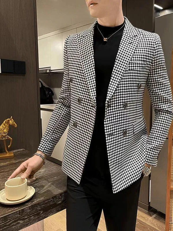 

Весенне-осенний модный приталенный мужской пиджак в клетку с длинным рукавом, универсальный повседневный крой, без бренда, китайское производство.