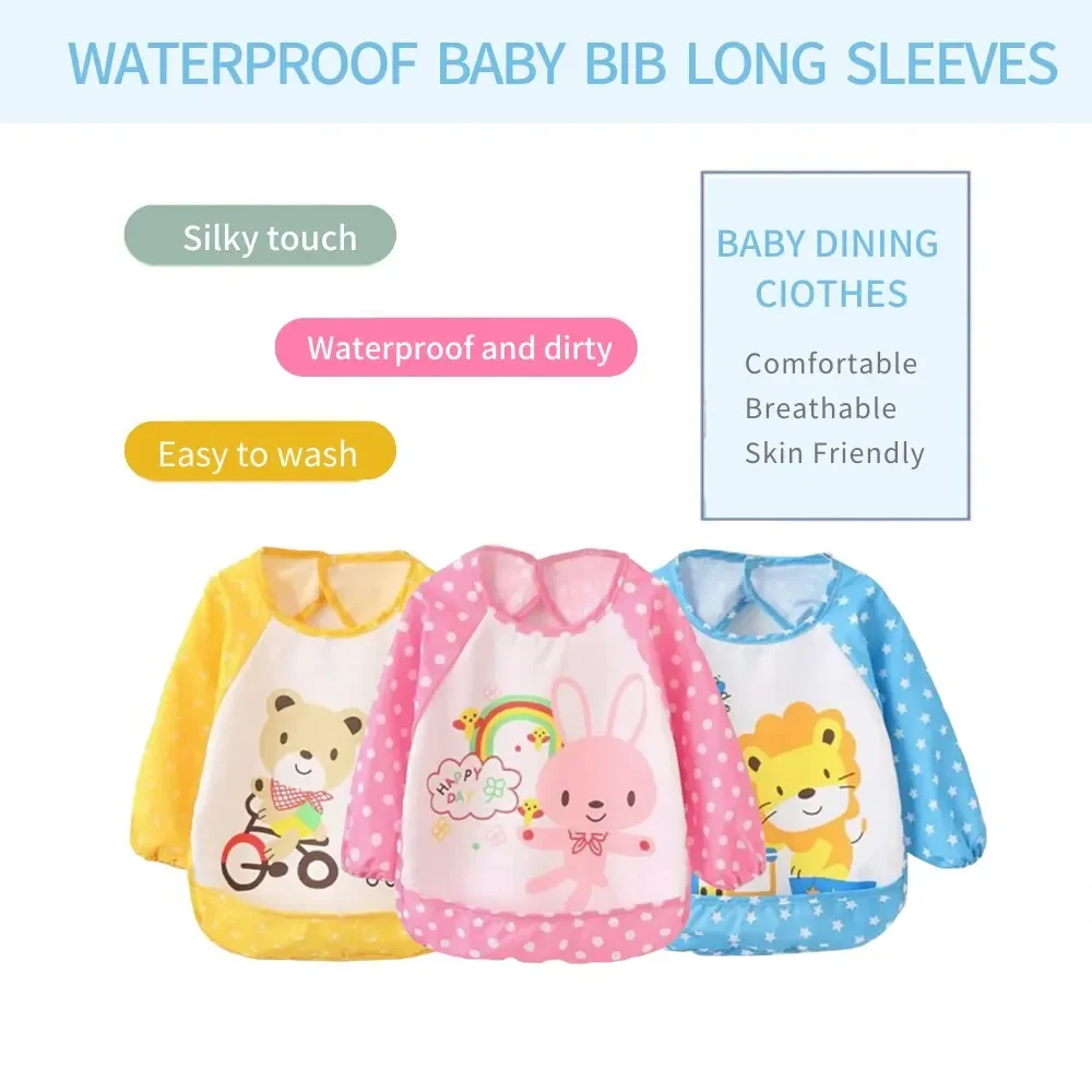 Waterproof Polyester Baby Bib, Long Sleeve, Cartoon Bib, Washable Full Cover, Bib Over Clothes