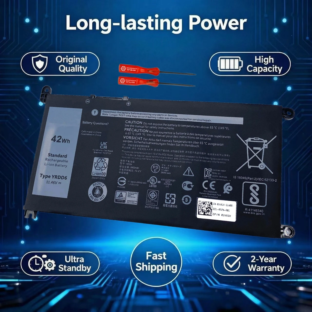 YRDD6 Laptop Battery For Dell Inspiron 5481 5482 5485 5491 5591 5485 5585 5480 Vostro 3491 3591 3490 3590 3501 1VX1H P116G P93G