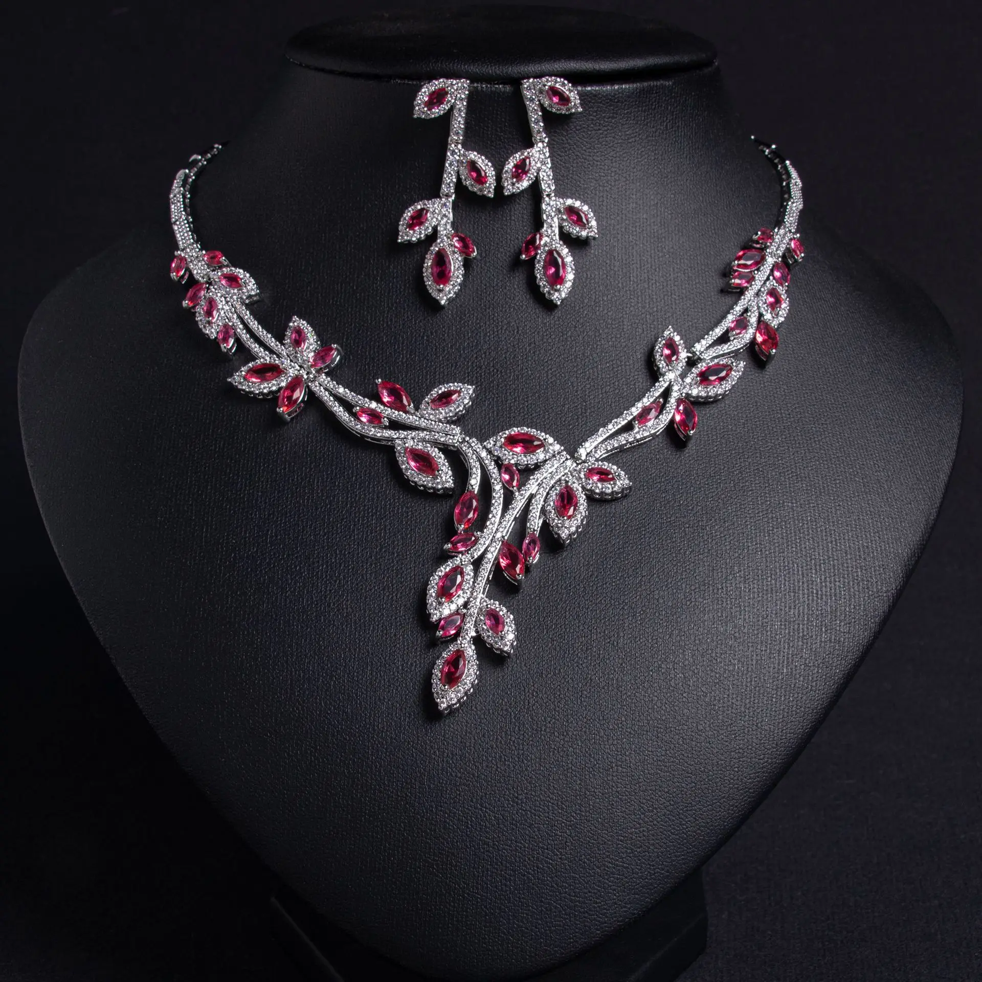 

Luxury Leaf Zirconia Women's Jewellery Necklace Earrings Set Evening Party Wedding Graduation Hundred Dress Accessories M-364