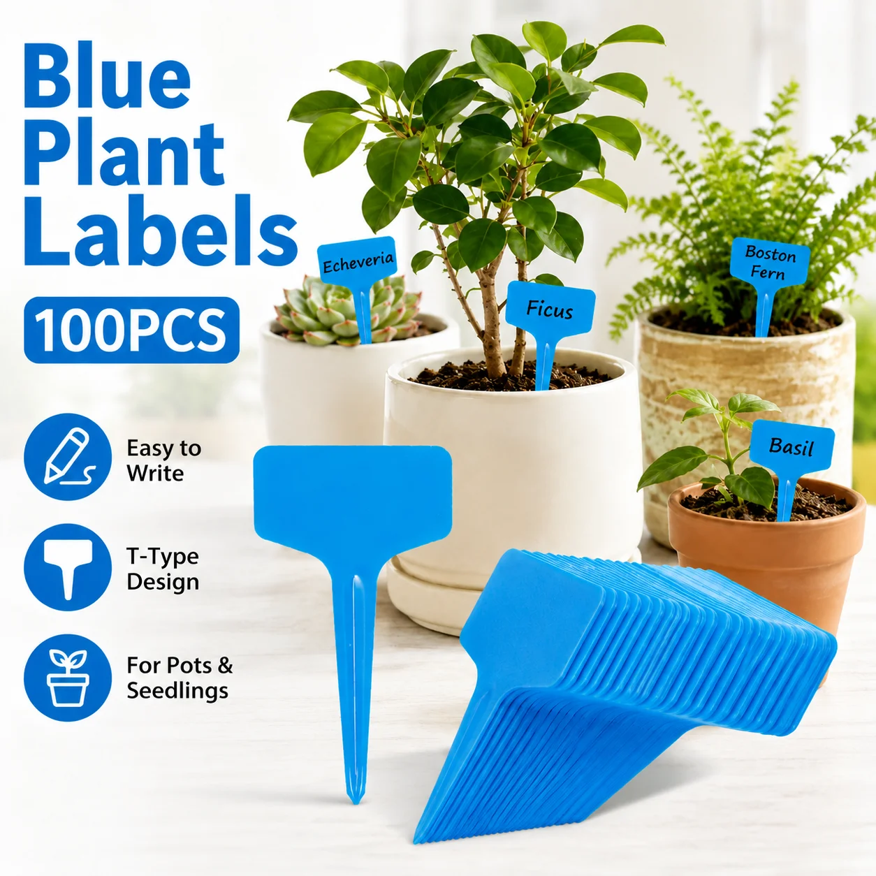 100PCS Blue Plant Labels T Type Plastic Garden Markers 6x10cm Seedling Tags for Nursery Pots Vegetables Flowers