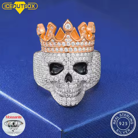 ICEDOUTBOX Moissanite Crown Skull Ring For Men Lab Diamond Sterling Silver Iced Out Hip Hop Rings for Woman Sparkling Jewelry