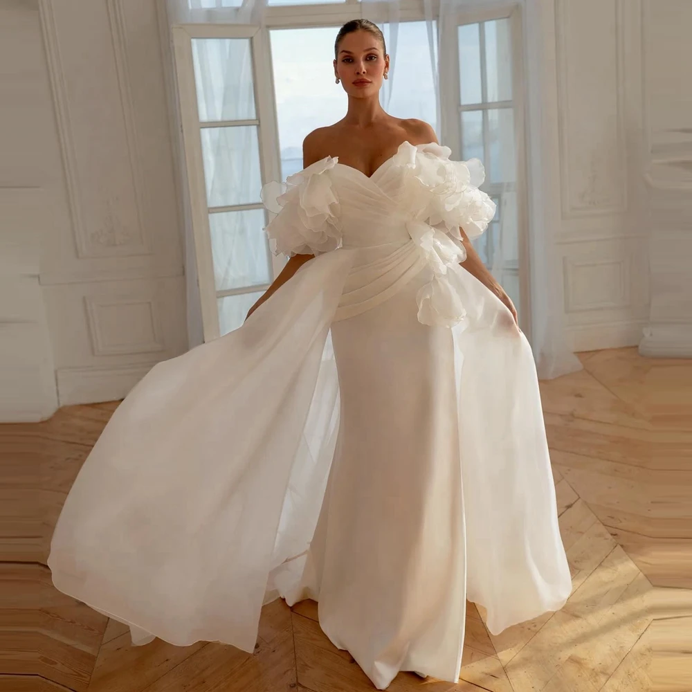 Off‑Shoulder Mesh Flowers Evening Gown with 3D Floral Ruffles Elegant Satin Pleated Party Dress Romantic Tulle Prom Dresses