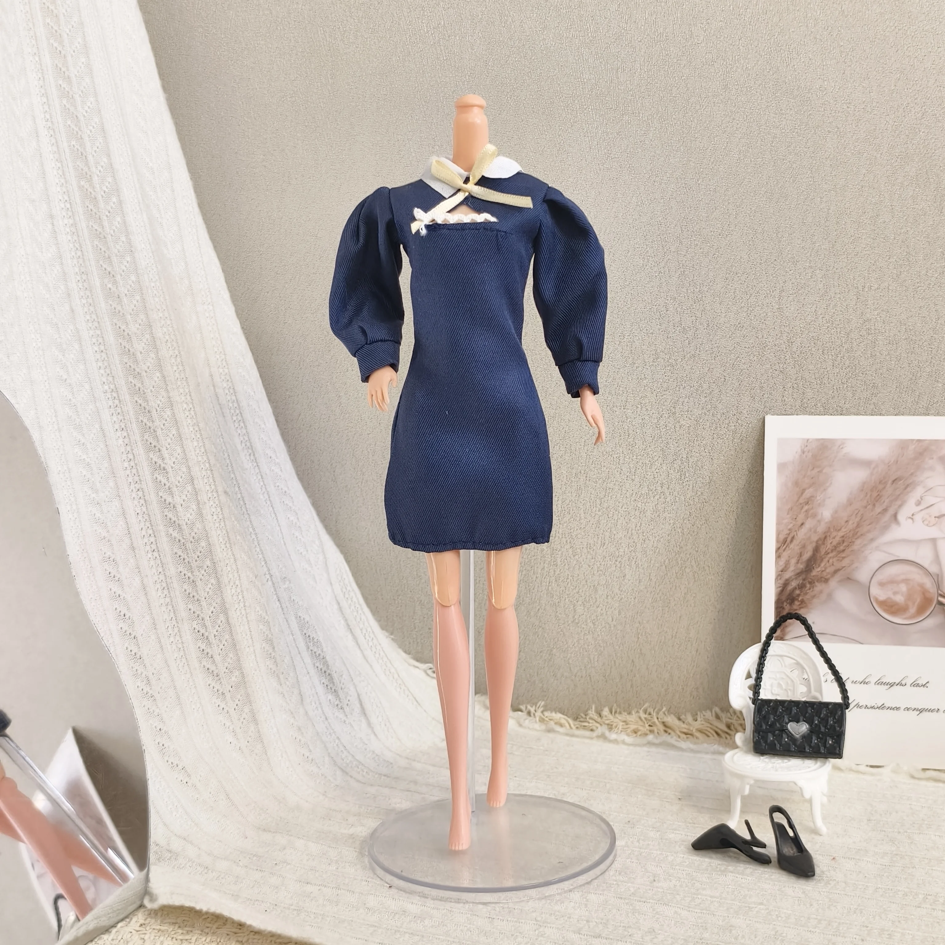 1/6 Doll Clothes Accessories Fashion Youth College Style Openwork Bow Dress + Handbag + Shoes Set  For 30cm Babi Supermodel Doll