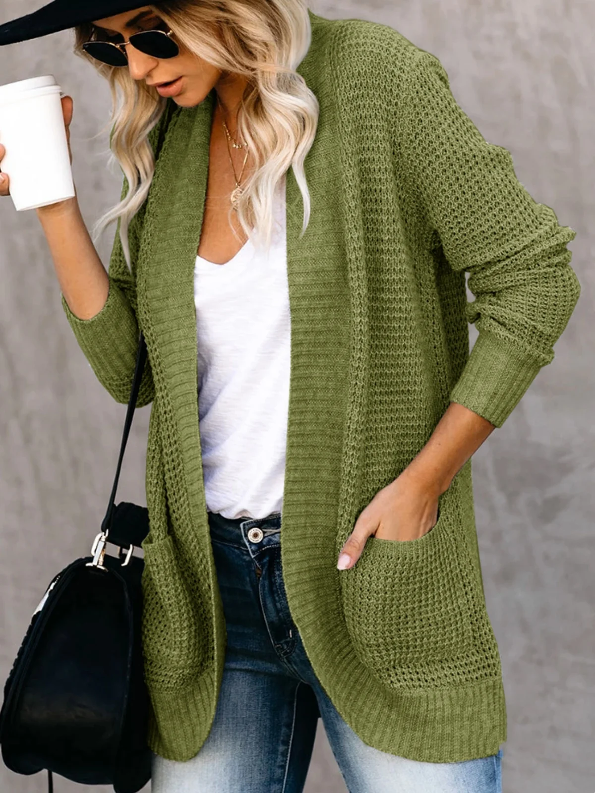 Solid Open Front Cardigan Women Long Sleeve Pockets Lightweight Soft Knitted Sweaters Coat Casual Loose Fitting Outerwears Tops