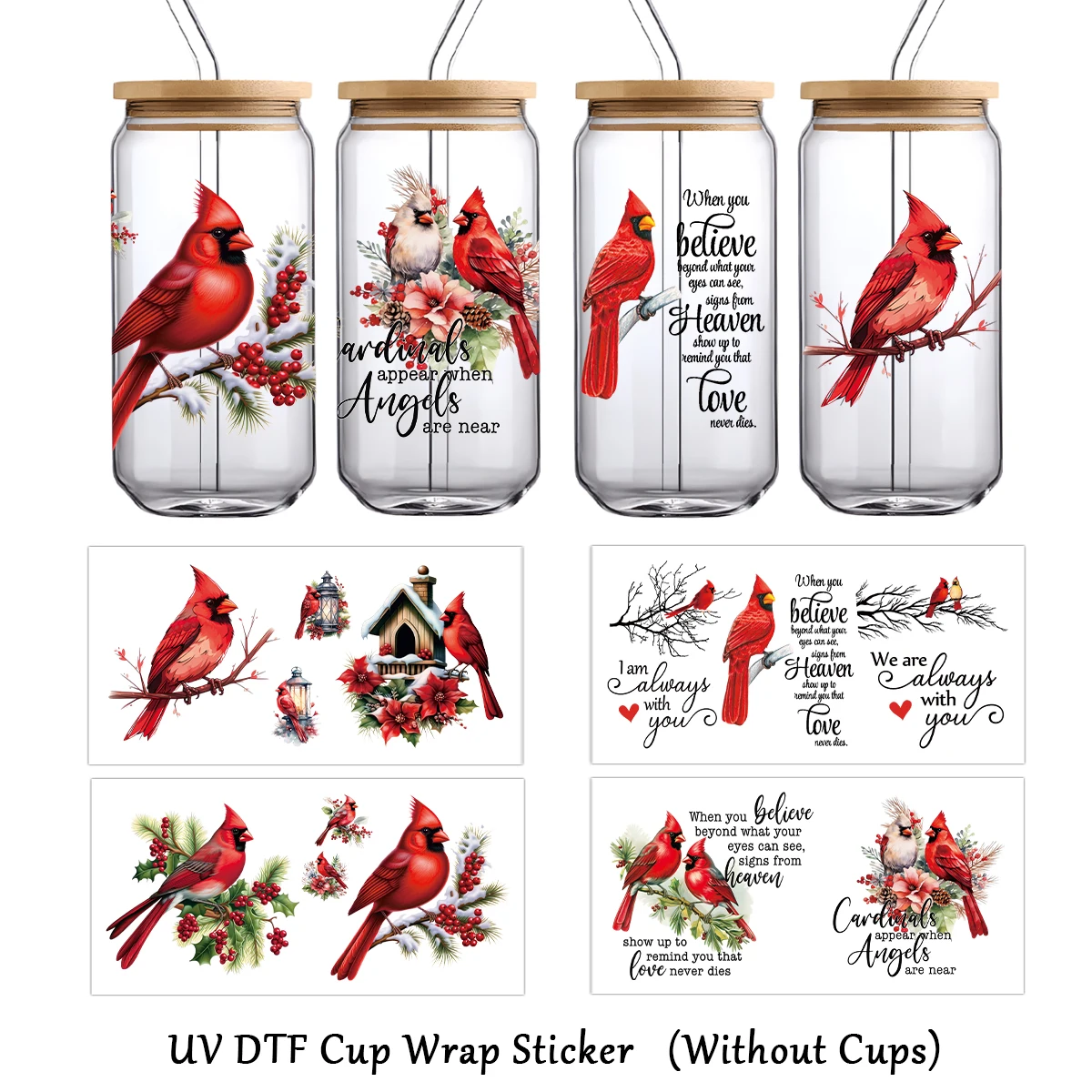 4 Blatt UV-Dtf-Cup-Wrap-Weihnachtsaufkleber mit Kardinalvögeln, Urlaubszitate, zum Dekorieren von Tassen, Gläsern, Laptops, Party-Geschenkdekoration
